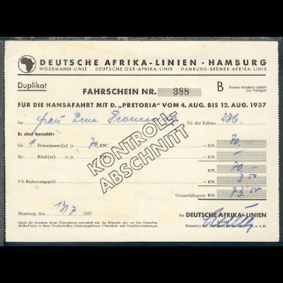 Fahrschein Nr. 388 für die Hansafahrt mit D. Pretoria 