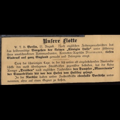 11.8.1914 Plakatausschnitt (34 x 12 cm) der Münchner Neuste Nachrichten: 