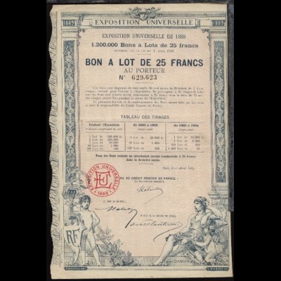 1889 Exposition Universelle Paris Losschein über 25 Francs