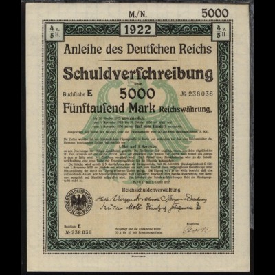 1922 Anleihe des Deutschen Reiches Schuldverschreibung über 5000 Mark