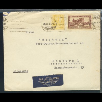 Freimarken 2 Werte auf Luftpost-Brief ab Tunis 30.XI.35 nach Hamburg