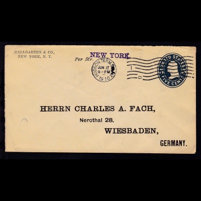 L1 "NEW YORK" auf Brief ab New York JUN 17 1910 nach Wiesbaden
