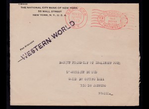 L1 WESTERN WORLD auf Brief ab New York NOV 23 1923 nach Rio de Janeiro