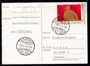 PAQUEBOT MALAGA CORREOS ESPANA 9 OCT 74 + L1 m/s ESTONIA auf Postkarte