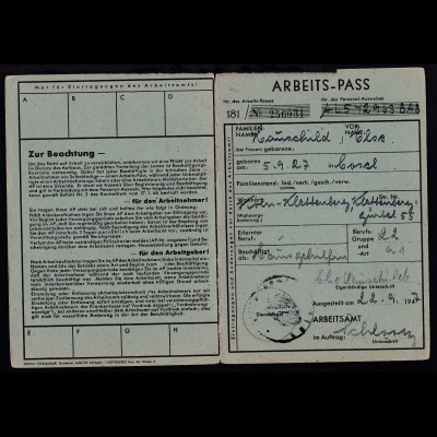 Arbeits-Pass ausgestellt vom Arbeitsamt Köln am 22.9.1947