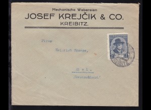 Masaryk 85. Geburtstag 2 Kc. auf Firmenbrief (Josef Krejcik & Co., Kreibitz) 