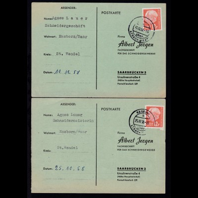 1958 Heuss 12 F je auf 2 Firmenantwort-Postkarten (Albert Jergen, Saarbrücken) 