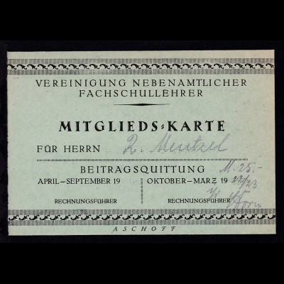Bremen Vereinigung nebenamtlicher Fachschullehrer Mitgliedskarte 1922/23