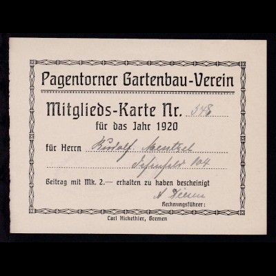 Bremen Pagentorner Gartenbau-Verein Mitgliedskarte für das Jahr 1920 