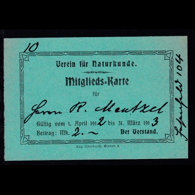 Bremen 1913 Verein für Naturkunde Mitgliedskarte