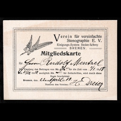 Bremen 1918 Verein für vereinfachte Stenographie E.V. Mitgliedskarte