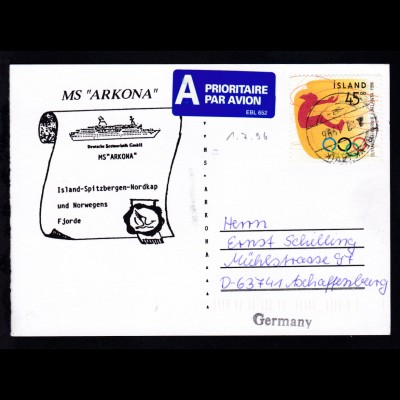 OSt. Reykjavik 1.7.1996 auf Postkarte mit Cachet MS Arkona nach Aschaffenburg