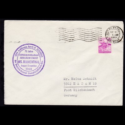 OSt. Genua 1.XII.1964 + Cachet Jubiläumsfahrt MS Blumenthal auf Brief