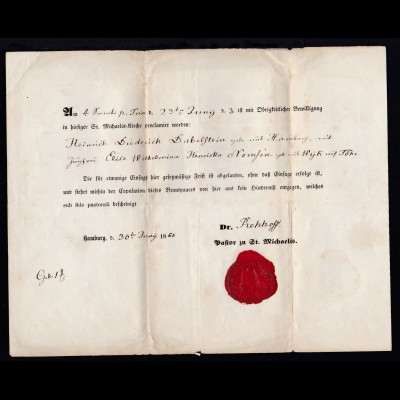 Hamburg 1861 Bewilligungsschein für Eheschließung, ausgestellt vom Pfarrer 