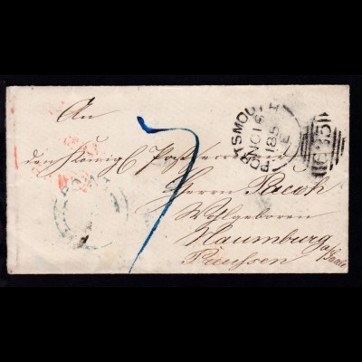 Brief ab Portsmouth NO 16 1856 nach Hamburg mit rotem K2 AUS ENGLAND PER AACHEN 
