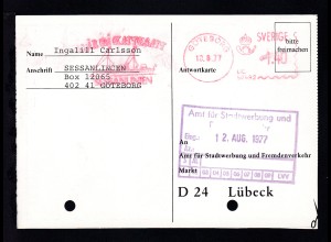 1977 Absenderfreistempel der Sessanlinjen Göteborg auf Antwortpostkarte