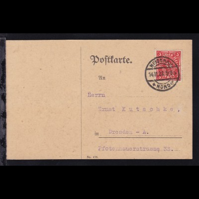 Posthorn 3 M. auf Postkarte ab Heidenau Nord 14.11.22 nach Dresden