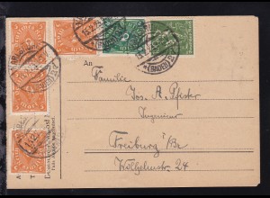 Arbeiter 100 Pfg., Posthorn 4 M. und 5 M. (4x) auf Postkarte ab Karlsruhe 