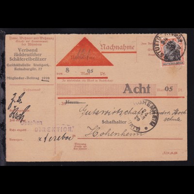 Germania 30 Pfg. auf Nachnahme-Karte für Mitgliederbeitrag 1920 des Verband 