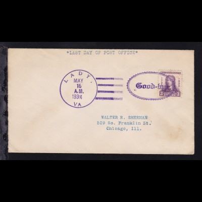 Maschinenstempel LADY VA MAY 15 1934 Good-bye auf Brief vom Letzttag des 