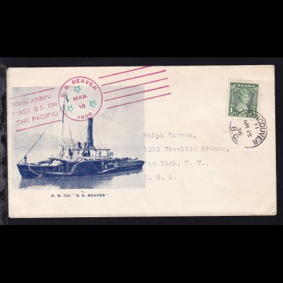 OSt. Vancouver MR 18 36 + Cachets SS Beaver auf Brief mit Schiffsbild