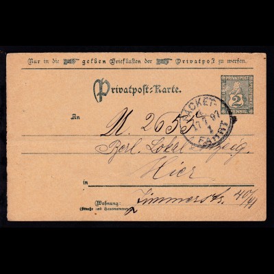 Berlin 1897 Privatpost Spedition AG Ganzsache 2 Pfg., Karte mehrere Nadellöcher