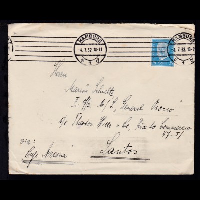 Reichspräsidenten 25 Pfg. auf Brief ab Hamburg 4.7.32 an den II. Offizier MS
