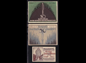 Saalfeld 1921 3 verschiedene Notgeldscheine 1x 10 Pfg. und 2x 50 Pfg. 
