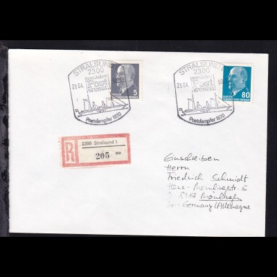 STRALSUND 1 2300 500 Jahre Postwesen Postdampfer 1870 26.04.90 auf R-Brief