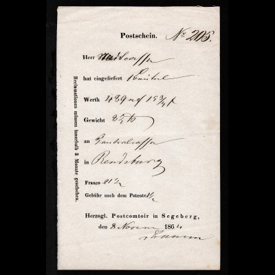 1864 Segeberg Postschein mit Ortsdruck 