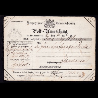 Herzogthum Braunschweig Post-Anweisung mit K2 HOLZMINDEN 20 JUL 1867 