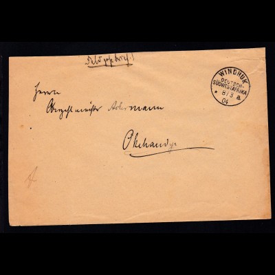 Feldpostbrief mit K1 WINDHUK DEUTSCH-SÜDWESTAFRIKA *a 8.3.04 nach Okahandja