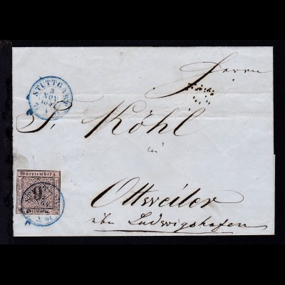 Ziffer 9 Kr. auf Briefhülle mit K2 STUTTGART 3 NOV 1852 nach Ottweiler über 