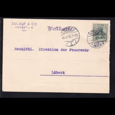 Germania 5 Pfg. auf Firmenpostkarte (Zulauf & Cie, Höchst a.M.) ab Höchst 26.5.6
