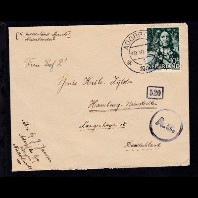 Brief ab Adorp/Niederlande 19.VI.1944 nach Hamburg-Nienstedten mit Zensur, 