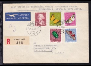 Pro Juventute 1957 auf Luftpost-R-brief ab Mümliswil 24.XII.57 nach Prag