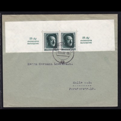 Hitler 6 Pfg. 2x (obere Blockhälfte) auf Brief ab Berlin W11 11.11.37 nach Halle a.S.