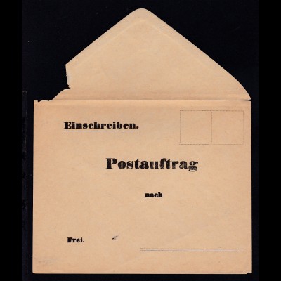 Postauftrag Einschreiben-Umschlag, ungebraucht, rs. Bf.-Klappe beschädigt