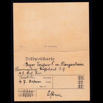 1916 Feldpostkarte (ohne Stempel) an Major Freiherr V. von Wangenstein