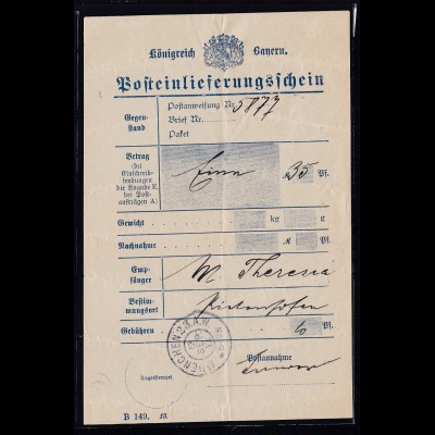 1913 Königreich Bayern Posteinlieferungsschein