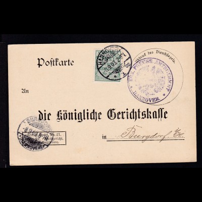 Zähldienstmarke für Preußen 5 Pfg. auf Postkarte des Amtsgericht Hannover 