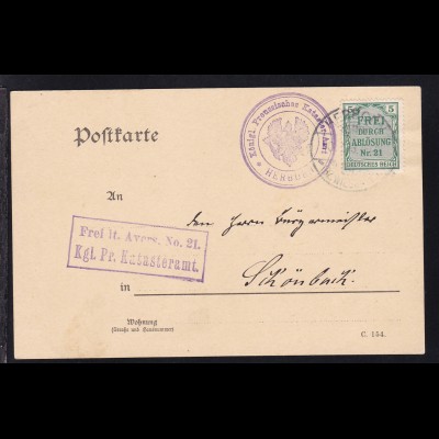 Zähldienstmarke für Preußen 5 Pfg. auf Postkarte des Katasteramt Herborn 