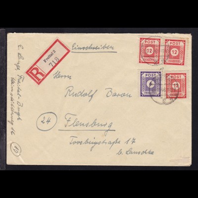Ziffer 6 Pfg. und 12 Pfg. (3x) auf R-Brief ab Freital 25.1.46 nach Flensburg