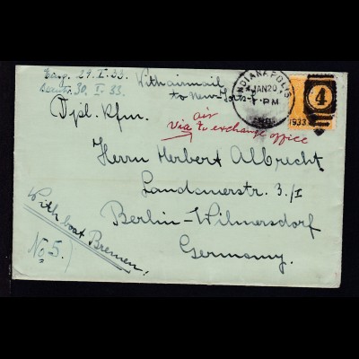 hs Leitvermerk "With boat Bremen" auf Brief ab Indianapolis JAN 20 1933 