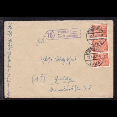 Ziffer 8 Pfg. Dreierstreifen auf Brief ab Blankenhain über Crimmitschau 28.3.46 