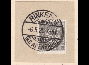 Wappen 2½ Pfg. auf Briefstück mit Stempel RINKENS (Kr. APENRADE) 6.5.20