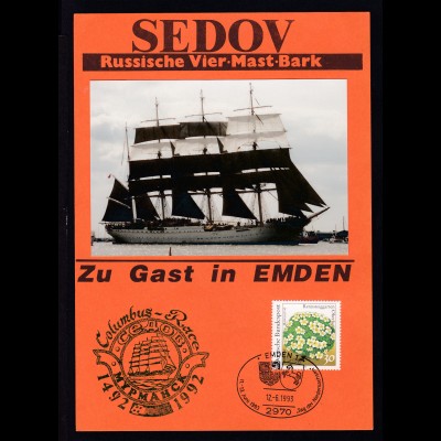 Emden 1993 Gedenkblatt russische Viermastbark "Sedov" zu Gast in Emden