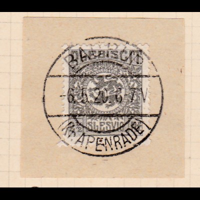 Wappen 2½ Pfg. auf Briefstück mit Stempel BAURUP (Kr. APENRADE) 6.5.20
