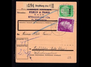 Hindenburg 5 Pfg. mit Aufdruck "Elsaß" + Hitler 40 Pfg. auf Paketkarte