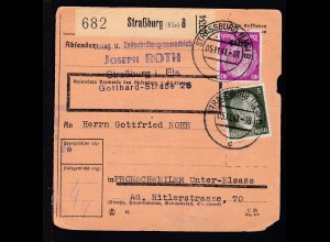 Hindenburg 40 Pfg. mit Aufdruck "Elsaß" + Hitler 5 Pfg. auf Paketkarte 